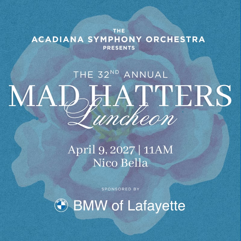 White text announcing the 32nd Annual Mad Hatters Luncheon is layered over a large, stylized blue flower against a textured teal background.