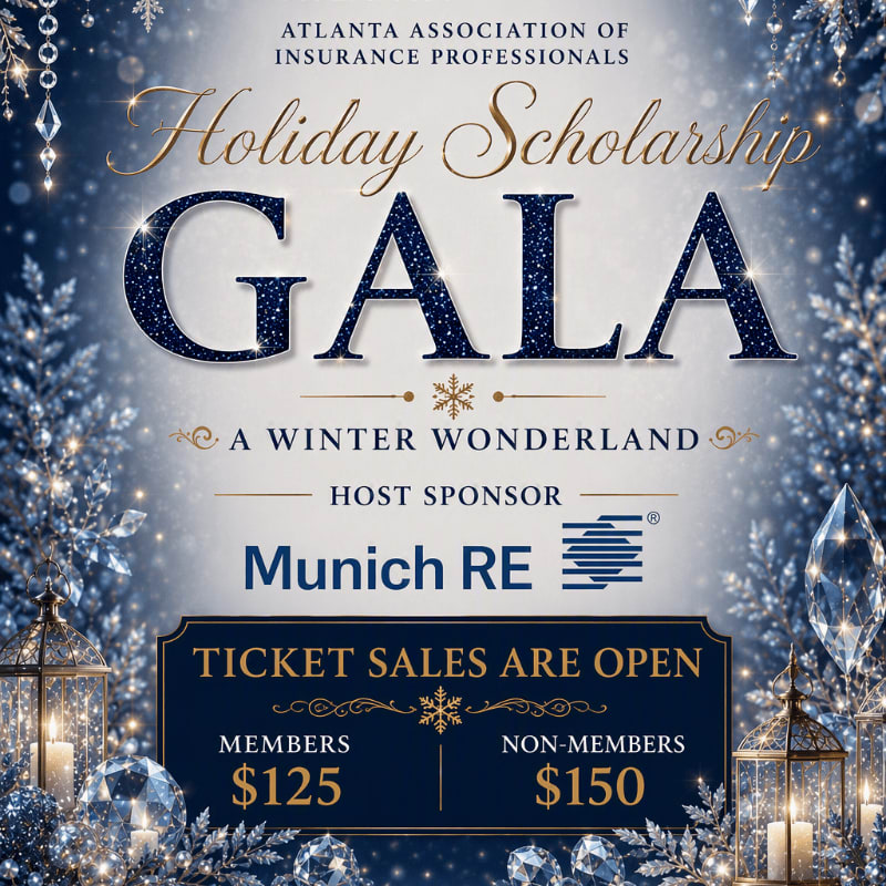 Text announcing a "Holiday Scholarship Gala" is centered over a winter wonderland background featuring frosted branches, crystals, and glowing lanterns.
