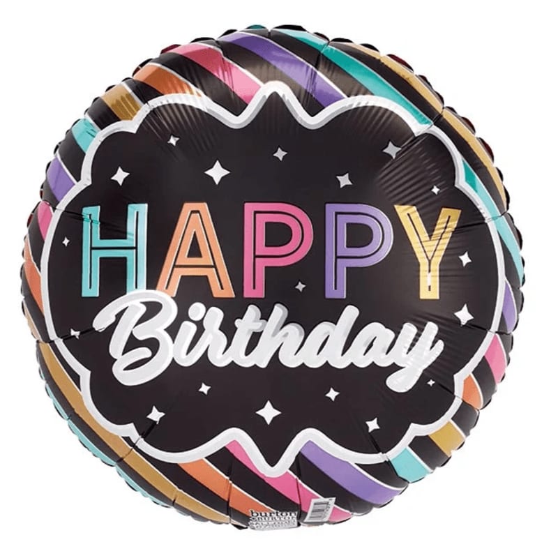 A round "Happy Birthday" balloon with colorful stripes is centered against a plain white background.