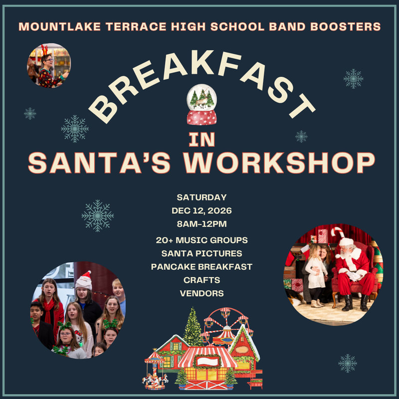 A promotional flyer for a "Breakfast in Santa's Workshop" event features festive text and circular photos of people against a dark blue background adorned with snowflakes.