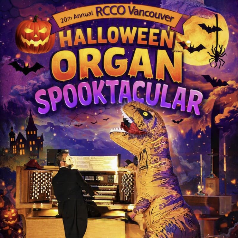 A vintage-style poster for the Royal Canadian College of Organists' 20th Annual Hallowe'en Concert, titled "When the Organ Comes Alive," is framed by ornate decorative elements and features text detailing the event's date and time.