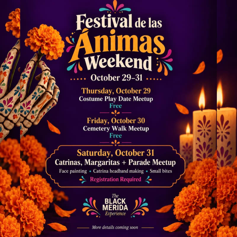 A colorful event flyer for "Festival de las Animas Weekend" features skeletal hands and orange marigolds in the foreground against a deep purple background with lit candles.