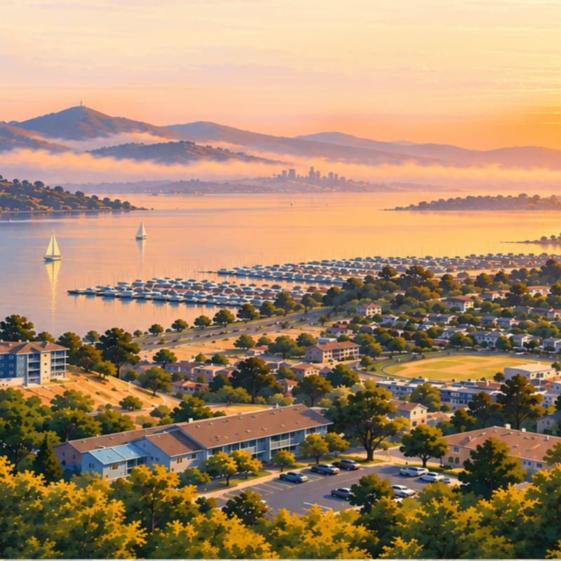 A hillside neighborhood with orange-roofed houses and lush greenery leads down to a blue bay and distant mountains under a clear sky.