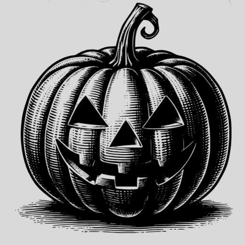 A black and white carved jack-o'-lantern sits centered against a plain, light gray background.