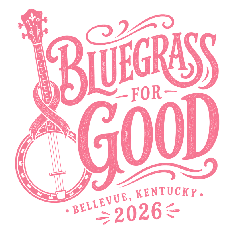A pink banjo with a ribbon wrapped around it is in the foreground, with the words "BLUEGRASS FOR GOOD" and "BELLEVUE, KENTUCKY. 2026" in stylized pink lettering in the background.