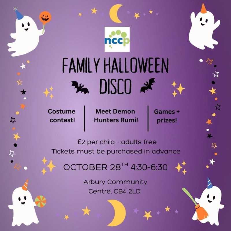 A purple Halloween disco flyer features event details and ghosts in the foreground against a starry night background with moons.