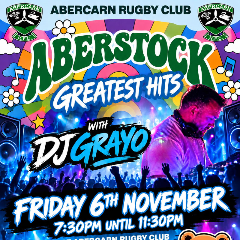 A colorful event flyer for "Aberstock Greatest Hits" featuring DJ Grayo and a cheering crowd in the foreground against a vibrant, psychedelic rainbow background.