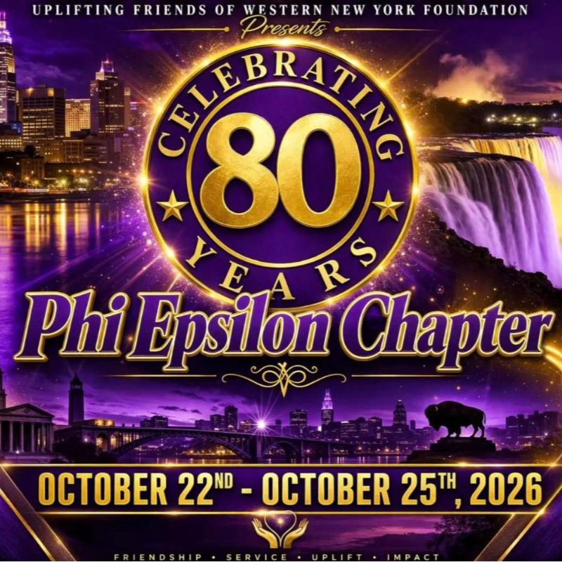 A vibrant poster celebrates the 80th anniversary of the Phi Epsilon Chapter with a city skyline and waterfall in the background, and the event dates prominently displayed in the foreground.