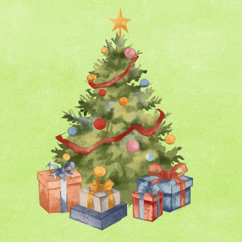 A decorated Christmas tree with a star on top stands behind a pile of colorful wrapped gifts against a light green background.