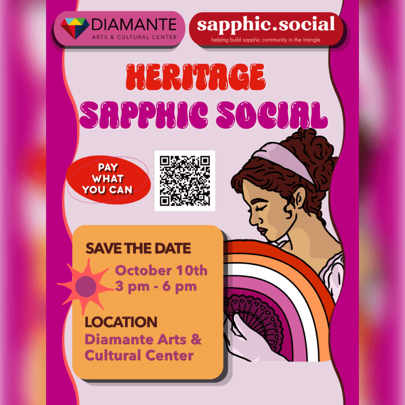 An illustration of a woman holding a lesbian pride flag fan is set against a pink and white background featuring event details for a "Heritage Sapphic Social."