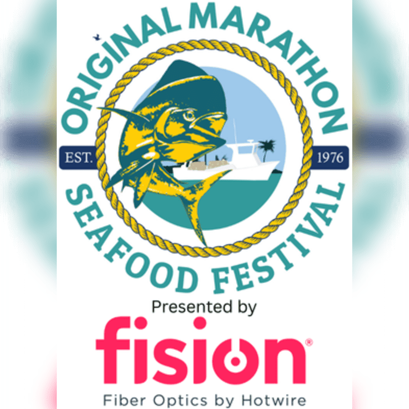 A logo for the Original Marathon Seafood Festival featuring a yellow fish inside a rope circle with a boat in the background, set against a white backdrop with the "fision" sponsor logo below.