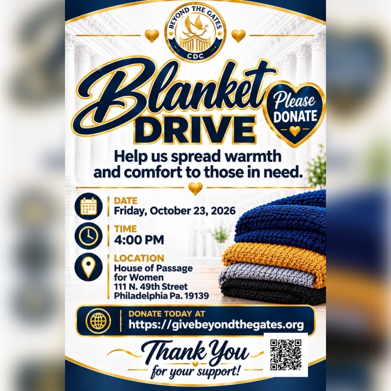 A promotional flyer for a blanket drive features event details and a stack of colorful blankets in the foreground against a background of classical white columns.
