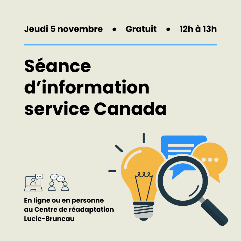 Black text announcing an information session for Service Canada sits above a graphic of a lightbulb, magnifying glass, and speech bubbles against a pale beige background.