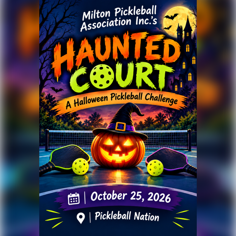 A glowing jack-o'-lantern sits between two pickleball paddles and balls on a court, set against a spooky nighttime backdrop featuring a full moon and a haunted castle.