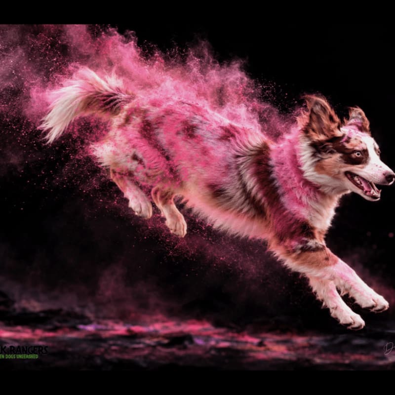 An Australian Shepherd leaps through the air covered in vibrant pink powder against a stark black background.