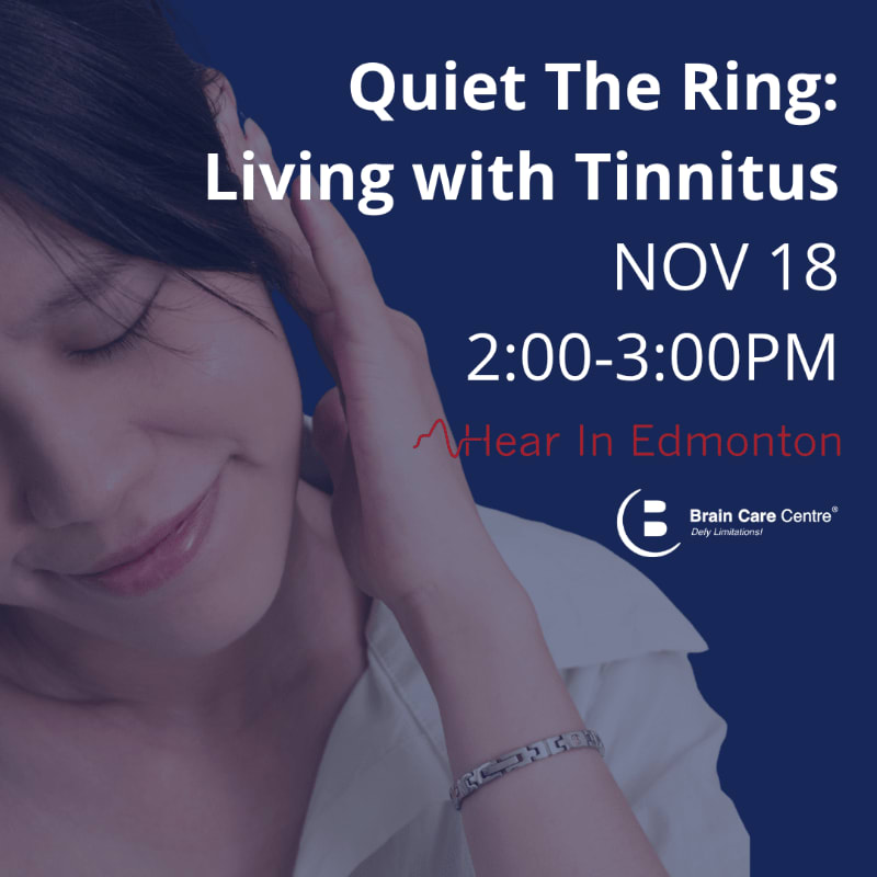 A woman touching her ear is in the foreground against a dark blue background featuring text for a tinnitus event.