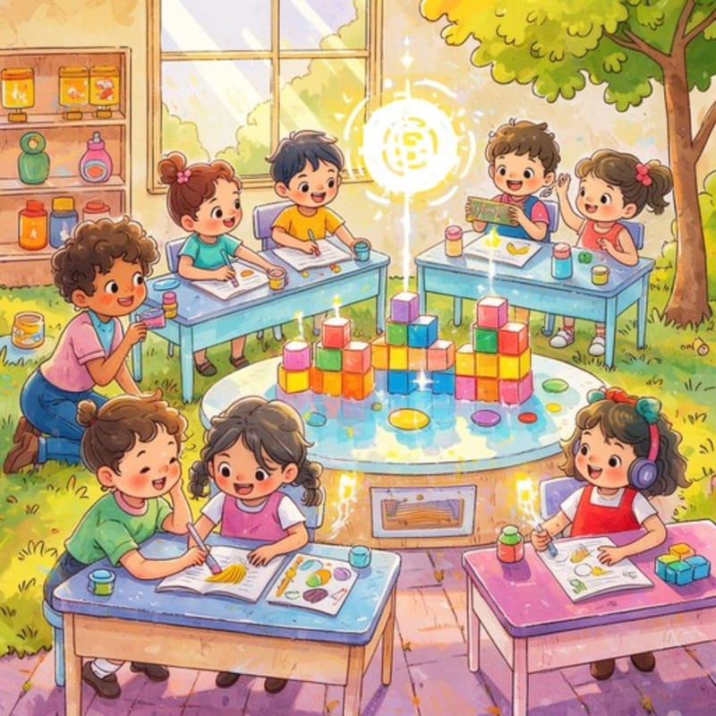 Children draw and play with colorful blocks in a bright, sunlit classroom with a large tree visible outside.