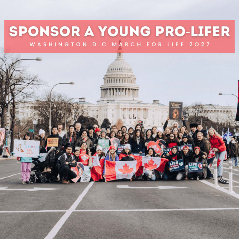 A group of pro-life protesters holding signs and flags stands in the foreground with the United States Capitol building in the background.