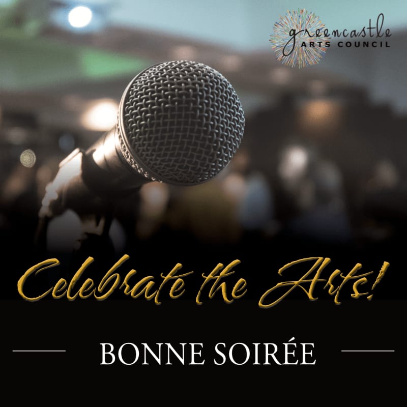A close-up microphone stands in the foreground against a blurred background of a crowd and stage lights, with "Celebrate the Arts!" and "BONNE SOIRÉE" text below.