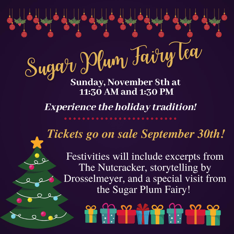 Gold and white text announcing a "Sugar Plum Fairy Tea" event is set against a dark purple background decorated with hanging red ornaments, a decorated Christmas tree, and colorful gift boxes.