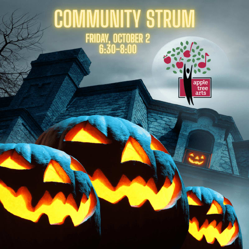 Glowing jack-o'-lanterns sit in the foreground against a backdrop of a dark, spooky building and event text.
