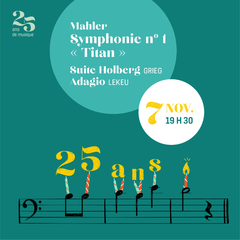 Yellow numbers and letters shaped like candles sit atop a musical staff in the foreground, set against a teal background with white text and circular design elements.