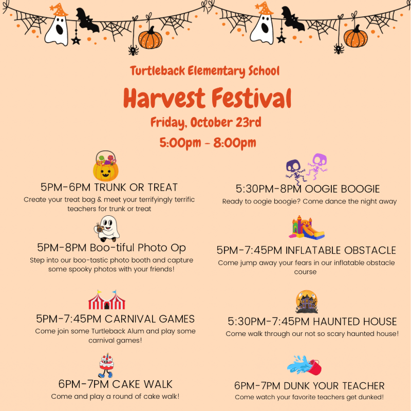 A Halloween-themed event flyer for Turtleback Elementary School's Harvest Festival features a detailed schedule of activities in the foreground against a light orange background decorated with spooky illustrations.