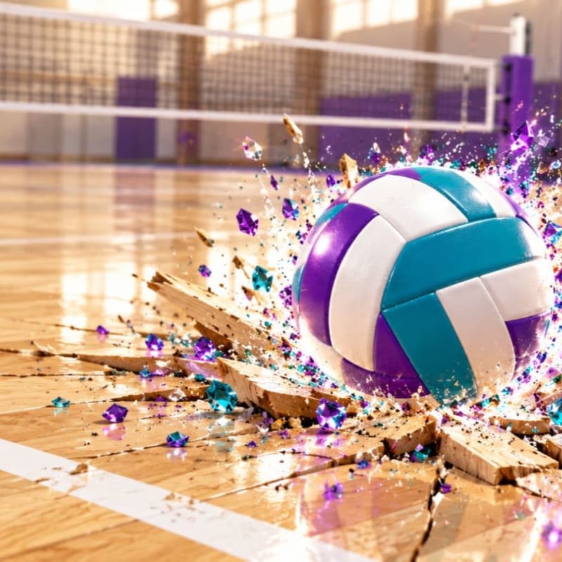 A purple and blue volleyball smashes into a wooden court, shattering the floor into splinters and stars with a volleyball net in the background.