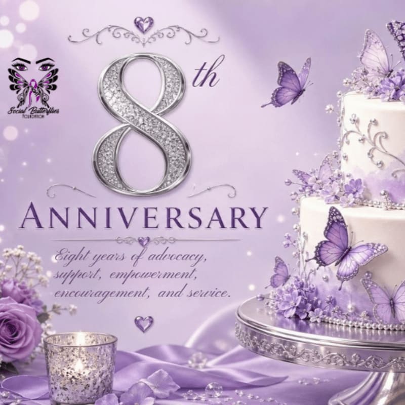 A tiered purple and white cake adorned with butterflies sits in the foreground against a soft purple background featuring a large, sparkling number eight and anniversary text.