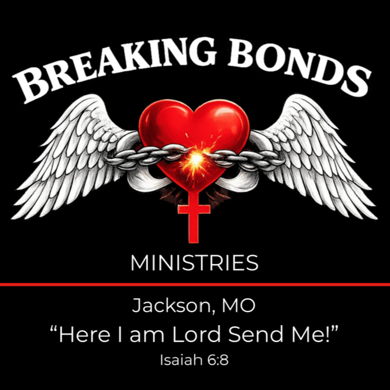 A red heart with white wings and a breaking chain is centered above a red cross and text against a solid black background.