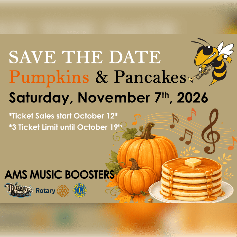Text announcing a "Pumpkins & Pancakes" event on November 7th, 2026, is set against a tan background featuring a cartoon bee, musical notes, and a stack of pancakes next to two pumpkins.