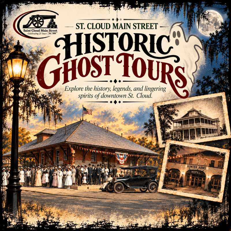 A vintage-style advertisement for "Historic Ghost Tours" features a historic building and old-fashioned cars in the foreground, set against a backdrop of a ghostly figure and a full moon.