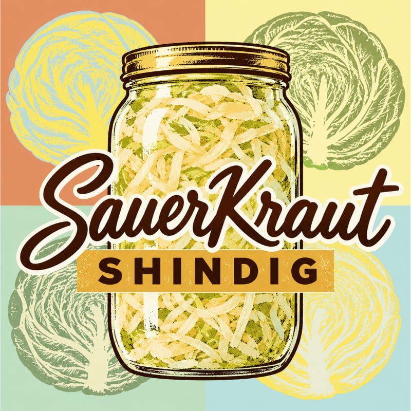A glass jar of shredded sauerkraut with the text "Sauerkraut Shinding" sits in the foreground against a colorful background of four quadrants featuring cabbage illustrations.