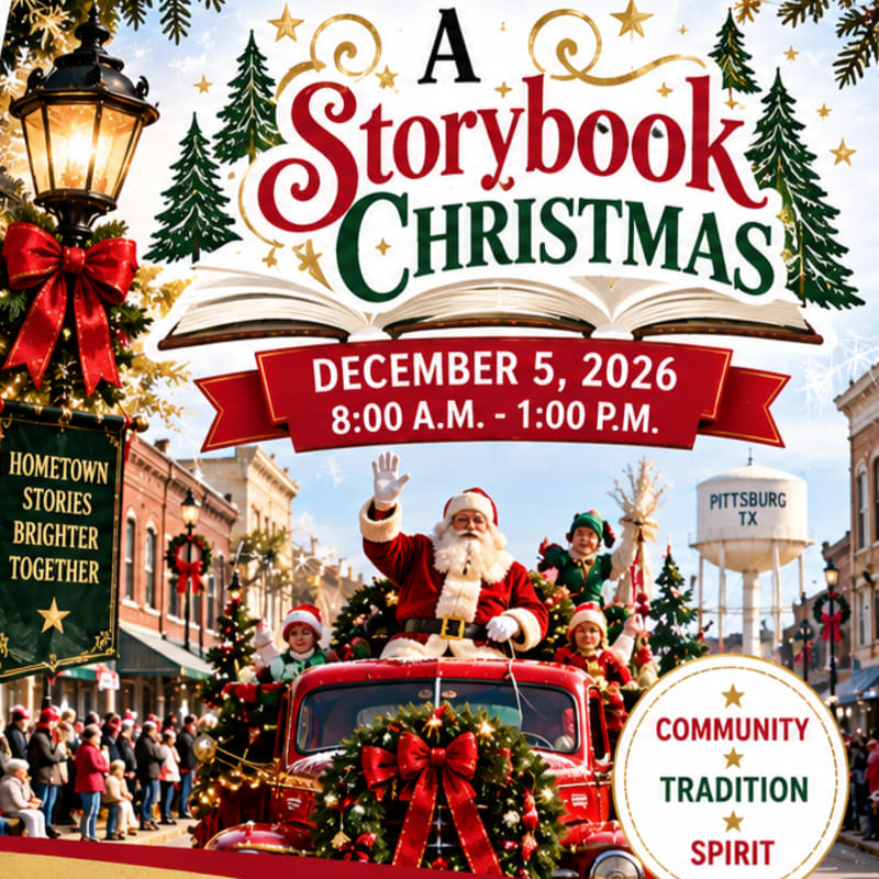 Santa Claus waves from a red vintage truck in a festive town square, set against a background of historic buildings and a water tower under a decorative "A Storybook Christmas" banner.