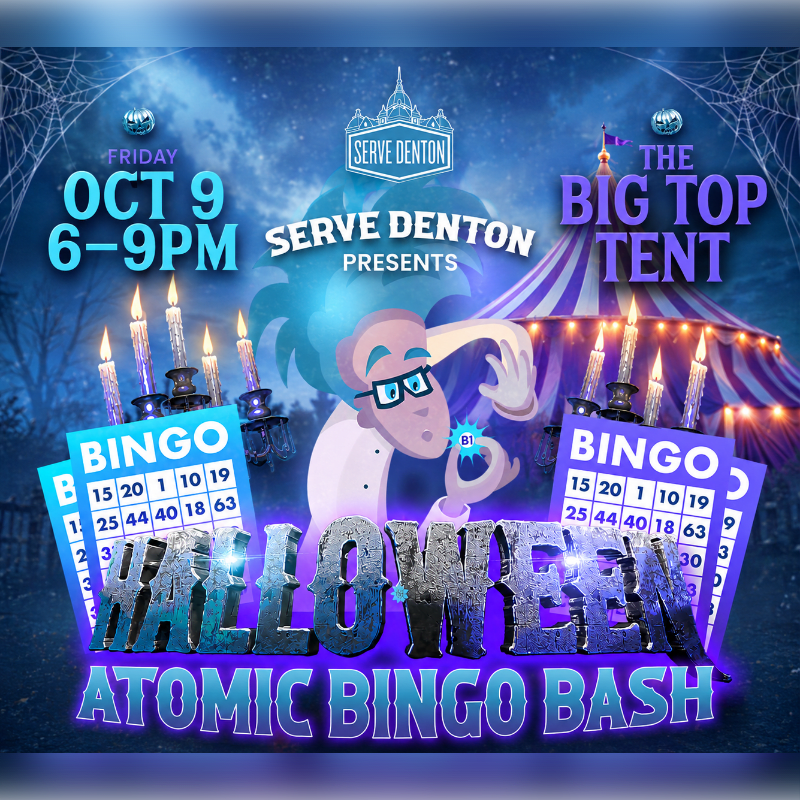 In the foreground, two bingo cards flank a cartoon character holding a glowing orb, while the background features a spooky circus tent and the event's title, "Halloween Atomic Bingo Bash."