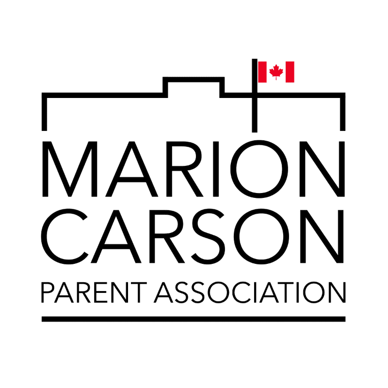 The foreground displays the text "MARION CARSON PARENT ASSOCIATION" within a black outline of a building, and the background is a white space with a small Canadian flag.