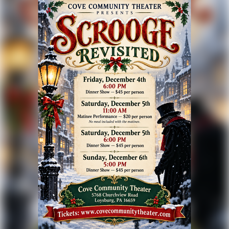A promotional poster for "Scrooge Revisited" features a lit street lamp and a man in a top hat in the foreground against a snowy, Victorian-style village background.