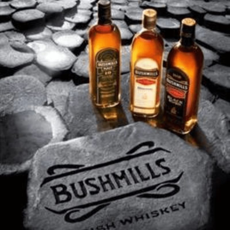 Three bottles of Bushmills whiskey stand behind a large stone engraved with the brand's logo on a rocky surface.