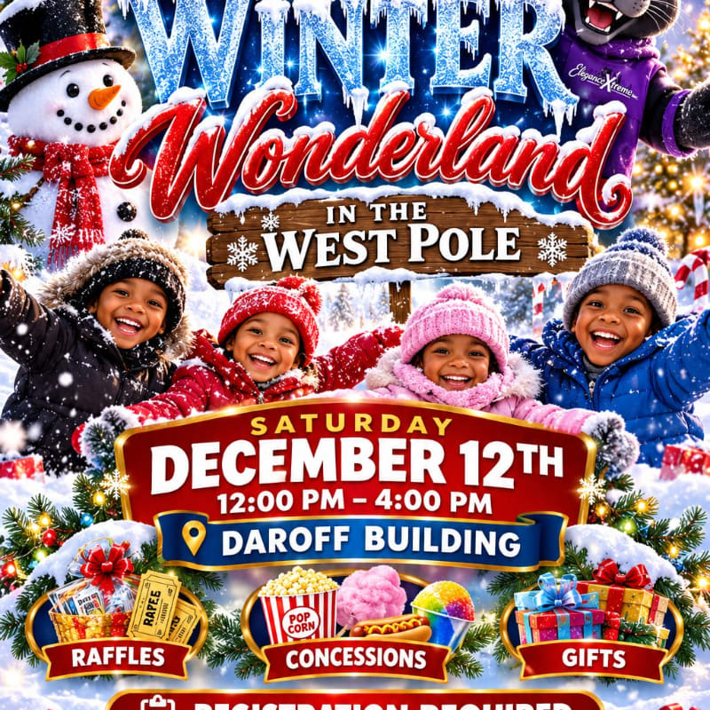 Four smiling children in winter gear stand in the foreground of a festive event flyer set against a snowy background featuring a snowman and "Winter Wonderland" text.