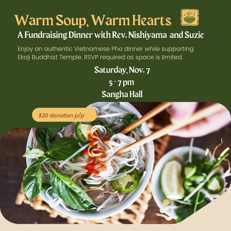 A bowl of Vietnamese Pho with chopsticks in the foreground is set against a dark green background featuring event details for a fundraising dinner.