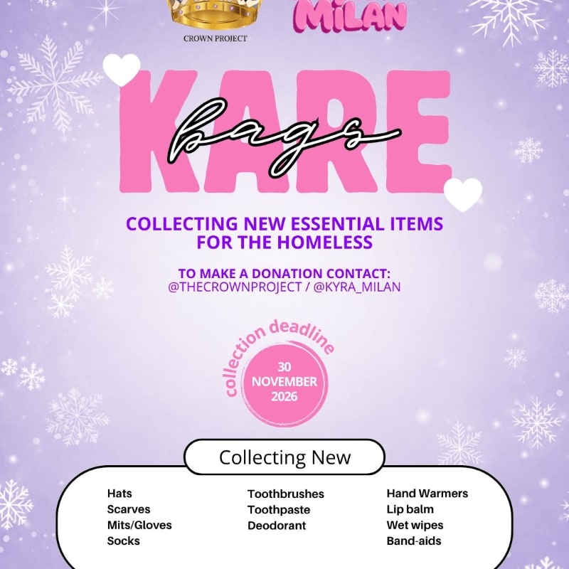 A promotional flyer for "KARE bags" collecting essential items for the homeless is set against a light purple background decorated with white snowflakes.