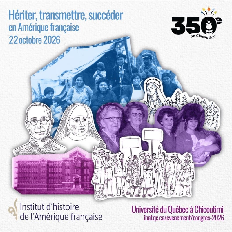 A collage of historical figures and a building in shades of blue and purple is set against a light-textured white background with event text and logos.