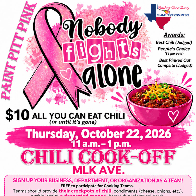 A pink breast cancer awareness ribbon and a bowl of chili sit in the foreground against a white background filled with pink hearts and event details for a chili cook-off.