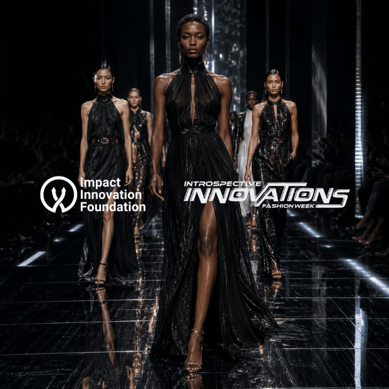 Models in elegant black gowns walk a reflective runway under dramatic lighting, with the "Impact Innovation Foundation" and "INTROSPECTIVE INNOVATIONS FASHIONWEEK" logos visible in the background.