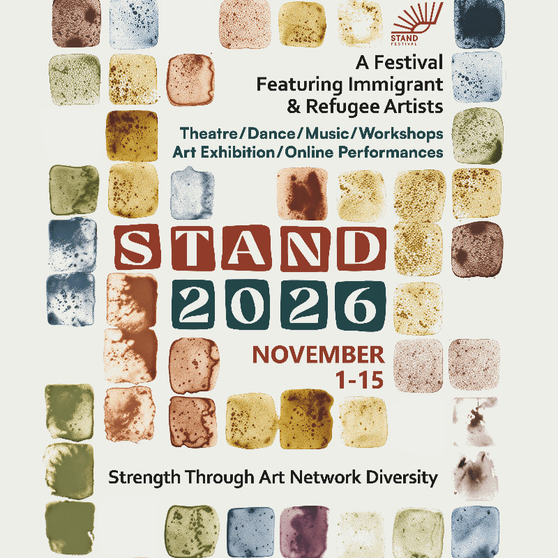 Colorful watercolor squares frame a central white area containing text for the "STAND 2026" festival.