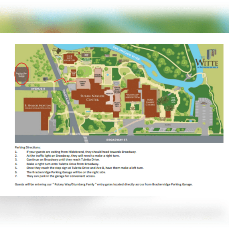 A map of the Witte Museum campus with a red circle highlighting a parking garage is positioned above a list of written parking directions.