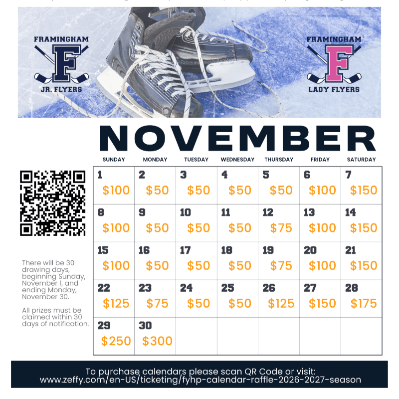 A November raffle calendar with ice skates and team logos at the top is set against a white background featuring a QR code and instructional text.