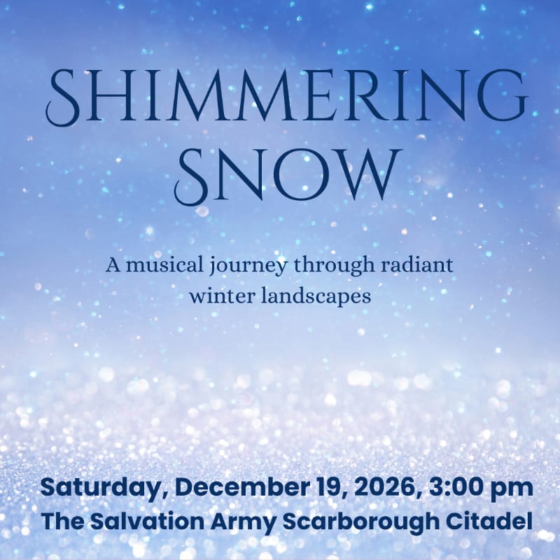 Blue text announcing a "Shimmering Snow" musical event is layered over a sparkling, wintry blue and white bokeh background.