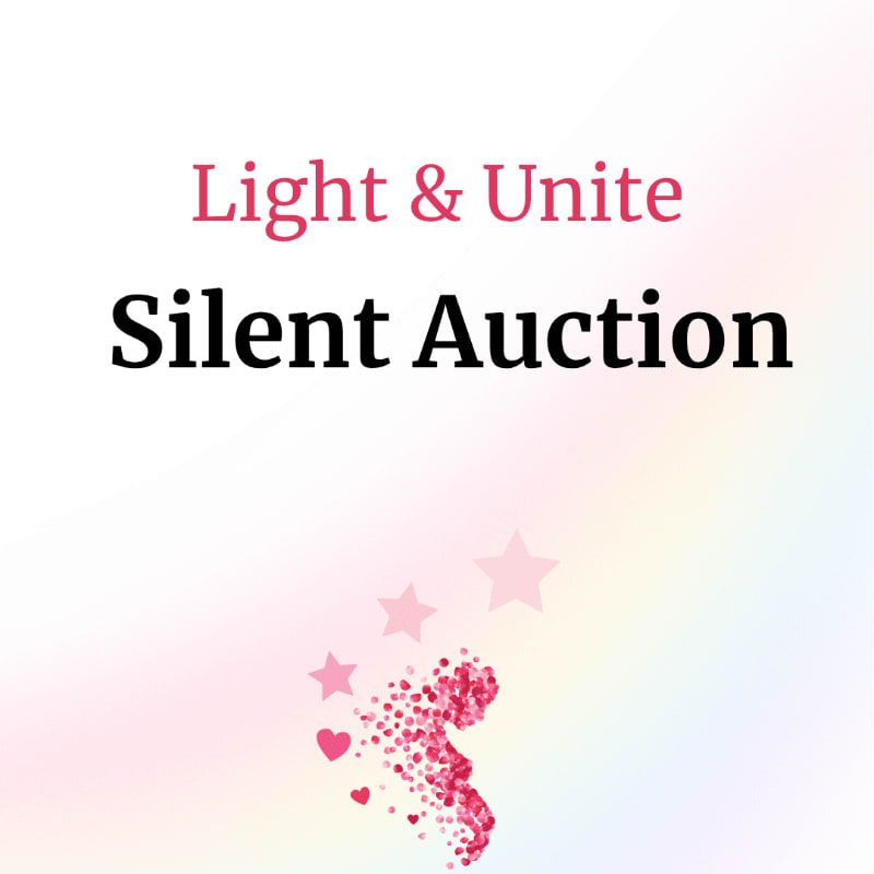 The text "Light & Unite Silent Auction" is centered in the foreground above pink stars and a heart-shaped glitter trail against a soft, multicolored gradient background.