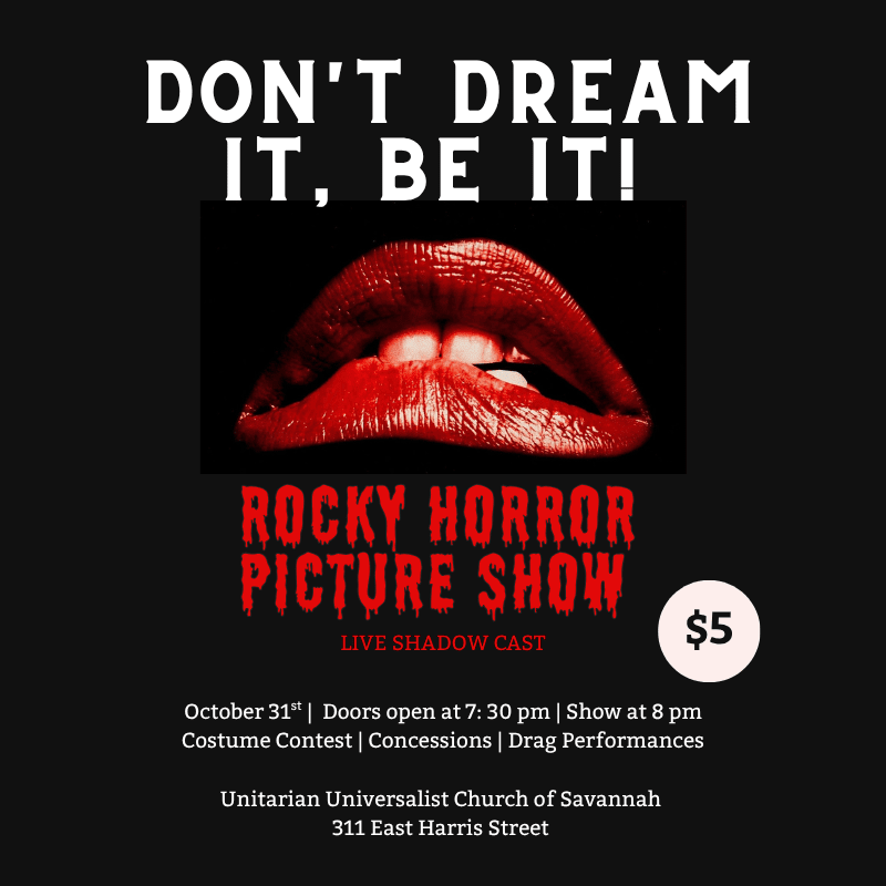 A pair of glossy red lips is centered against a black background, surrounded by white and red text promoting a Rocky Horror Picture Show event.